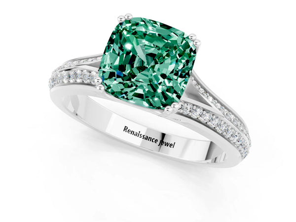 Platinum Cushion Cut Green Sapphire Split Shank Engagement Ring with Pavé Band