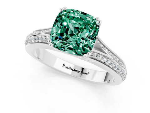 White gold Cushion Cut Green Sapphire Split Shank Engagement Ring with Pavé Band_1