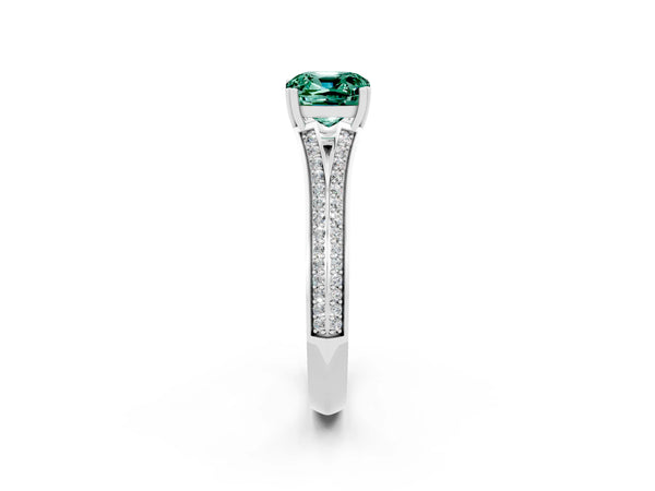 Silver Cushion Cut Green Sapphire Split Shank Engagement Ring with Pavé Band