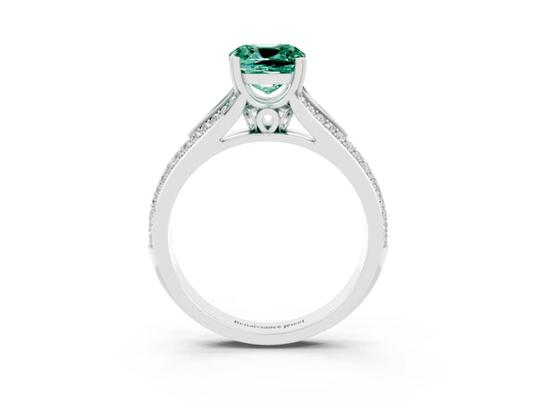 Silver Cushion Cut Green Sapphire Split Shank Engagement Ring with Pavé Band