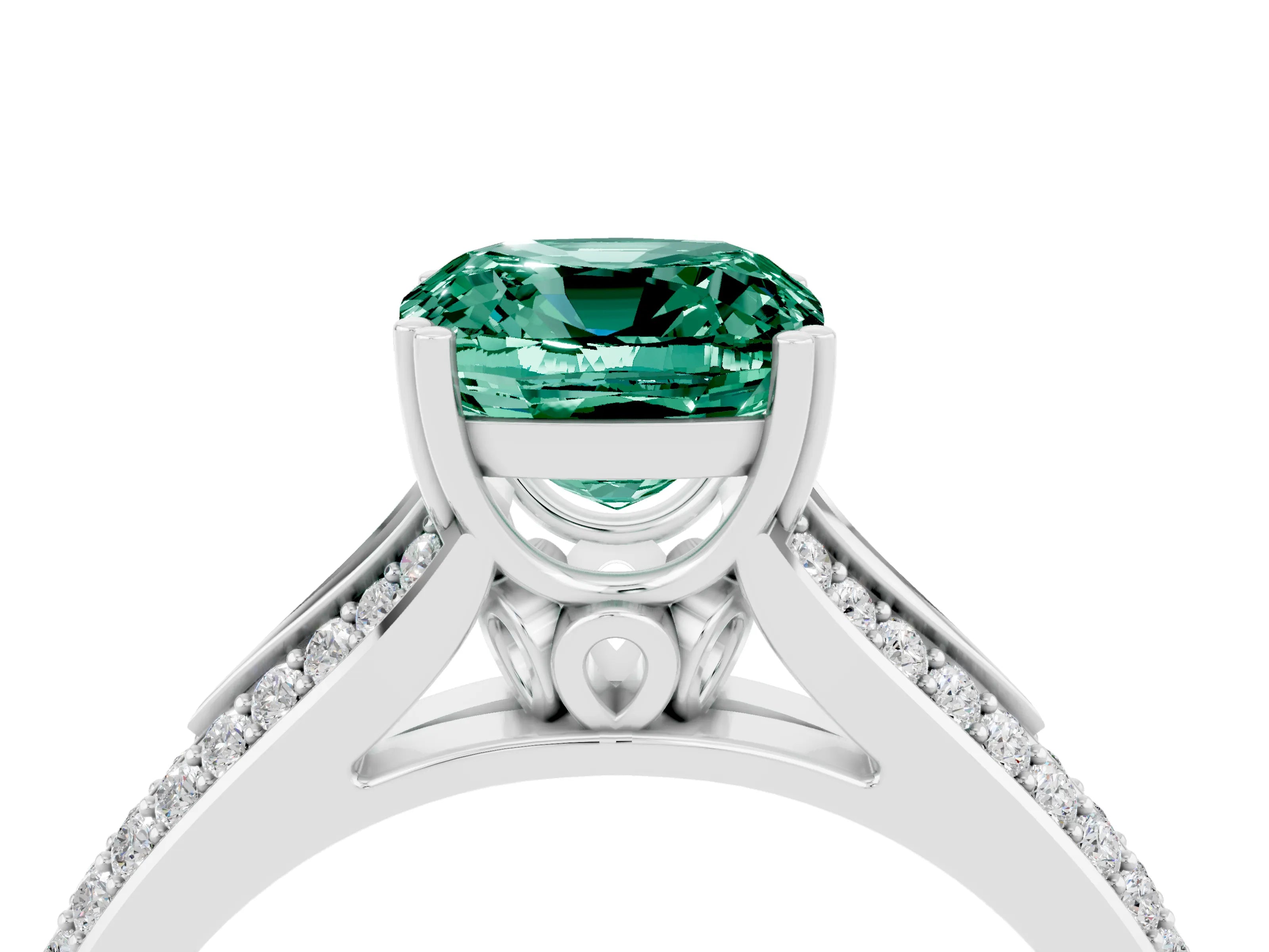 White gold Cushion Cut Green Sapphire Split Shank Engagement Ring with Pavé Band_4