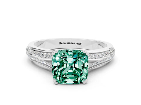 White gold Cushion Cut Green Sapphire Split Shank Engagement Ring with Pavé Band