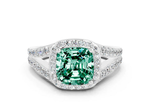 White gold Cushion Cut Green Sapphire Split Shank Halo Ring with Four-Prong Setting_59