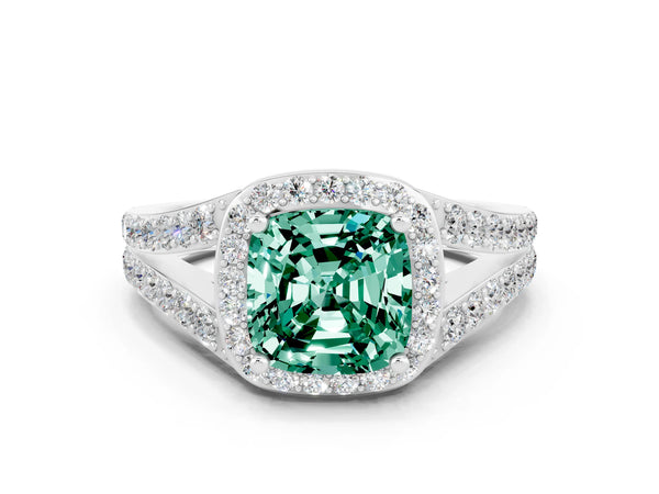 Platinum Cushion Cut Green Sapphire Split Shank Halo Ring with Four-Prong Setting