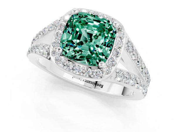 Platinum Cushion Cut Green Sapphire Split Shank Halo Ring with Four-Prong Setting