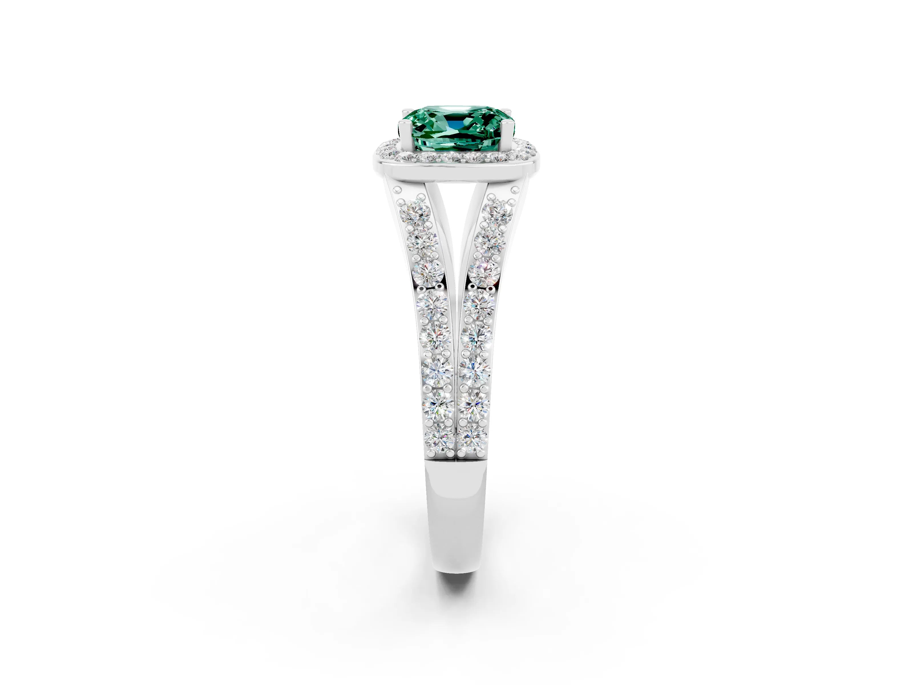 White gold Cushion Cut Green Sapphire Split Shank Halo Ring with Four-Prong Setting_61