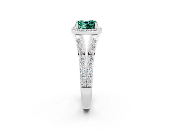 Silver Cushion Cut Green Sapphire Split Shank Halo Ring with Four-Prong Setting