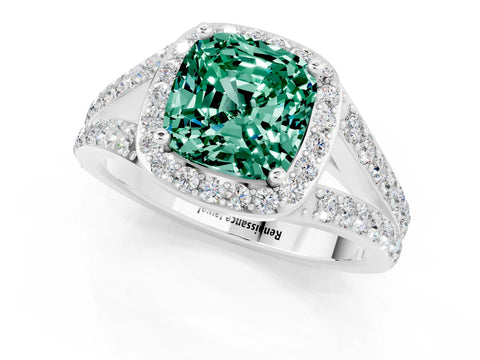 White gold Cushion Cut Green Sapphire Split Shank Halo Ring with Four-Prong Setting_61