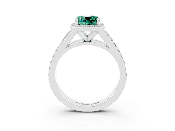 Silver Cushion Cut Green Sapphire Split Shank Halo Ring with Four-Prong Setting