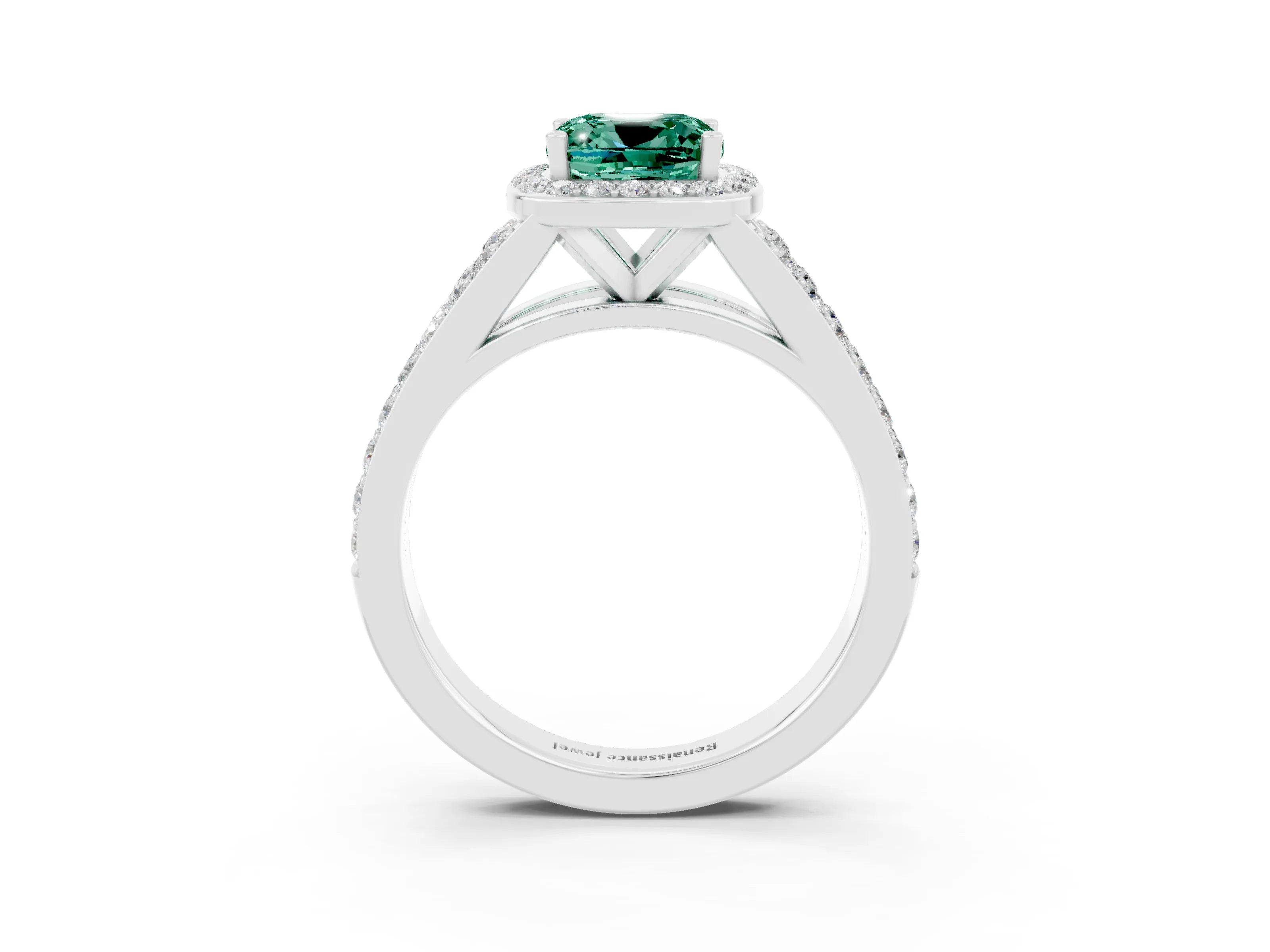 White gold Cushion Cut Green Sapphire Split Shank Halo Ring with Four-Prong Setting_63