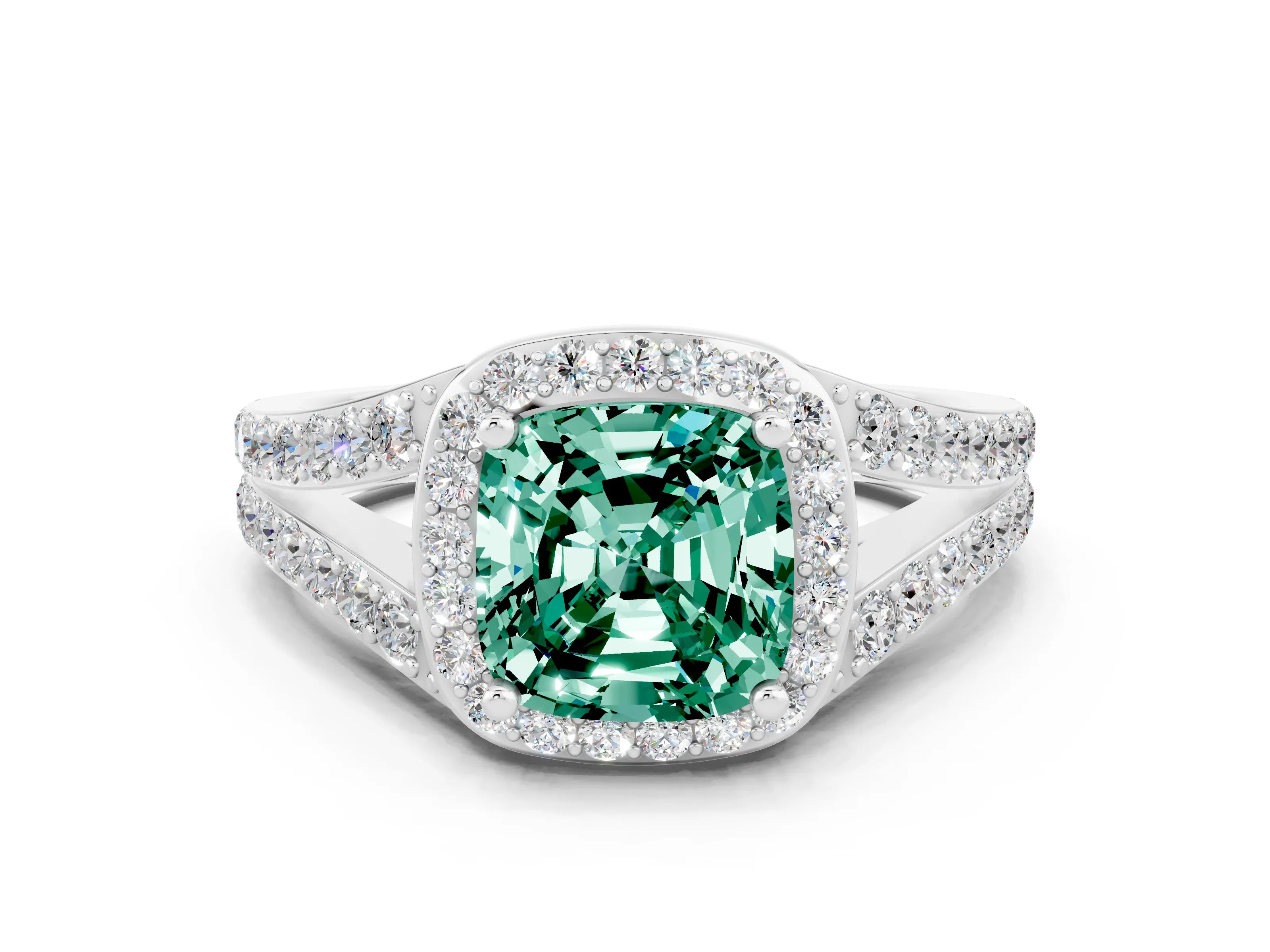White gold Cushion Cut Green Sapphire Split Shank Halo Ring with Four-Prong Setting_64