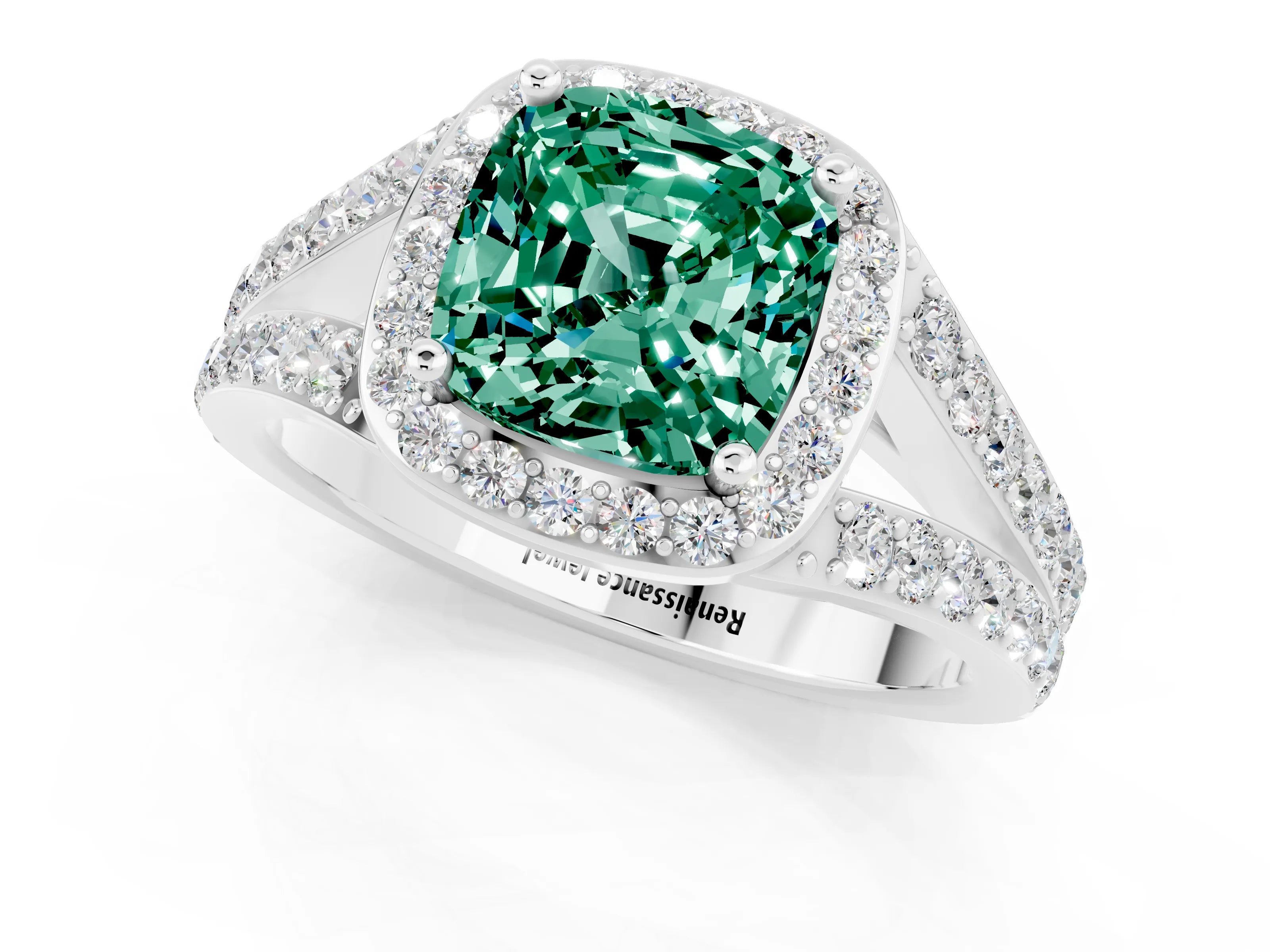 White gold Cushion Cut Green Sapphire Split Shank Halo Ring with Four-Prong Setting_65