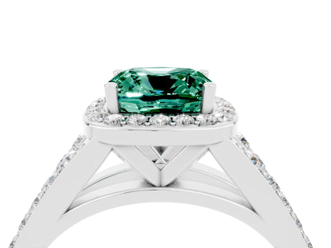 White gold Cushion Cut Green Sapphire Split Shank Halo Ring with Four-Prong Setting_68