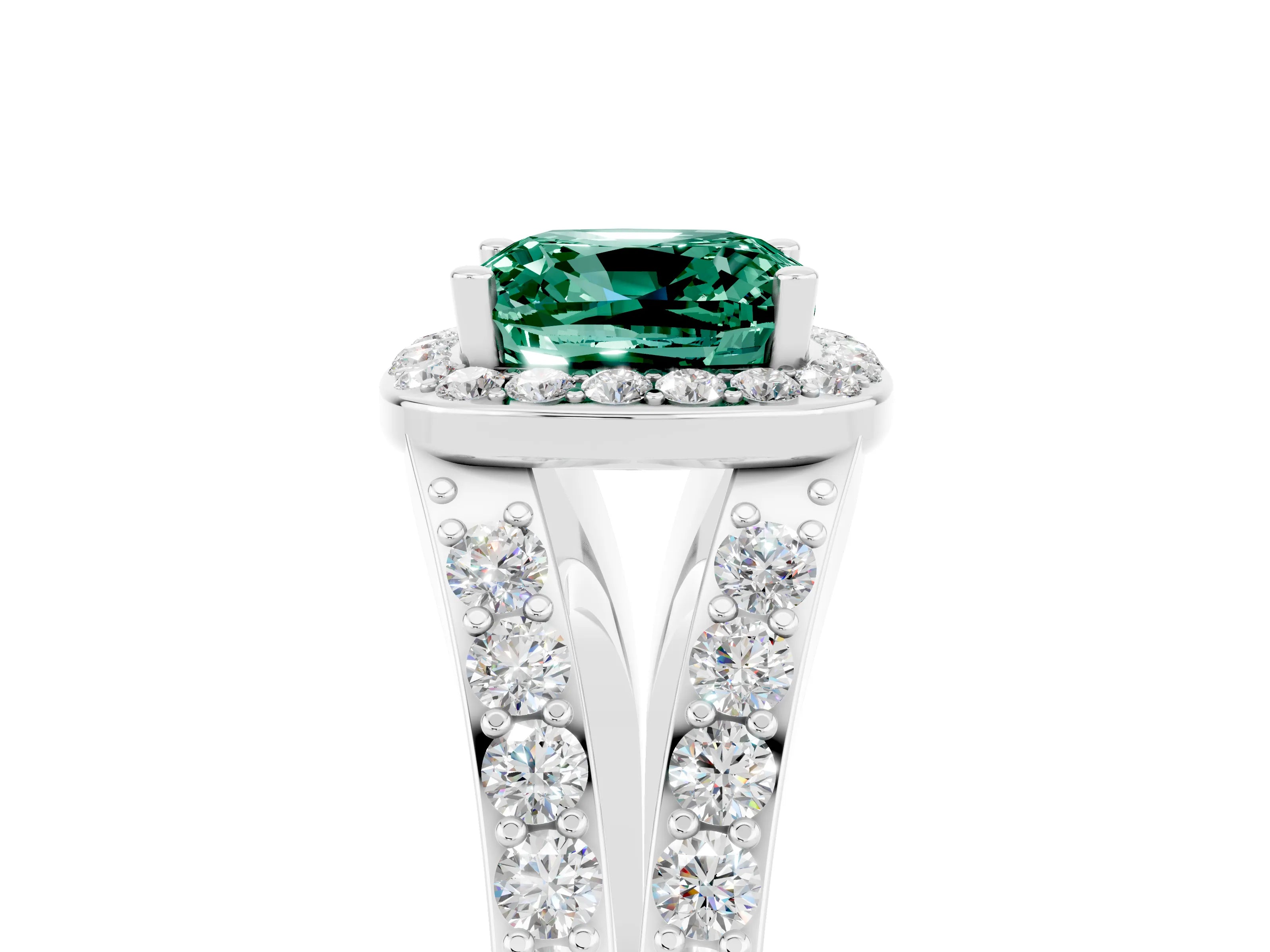 White gold Cushion Cut Green Sapphire Split Shank Halo Ring with Four-Prong Setting_69