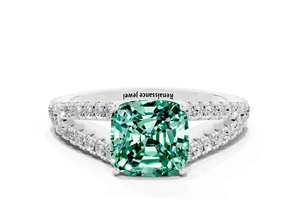 White gold Cushion Cut Green Sapphire Split Shank Pavé Engagement Ring with Four-Prong Setting
