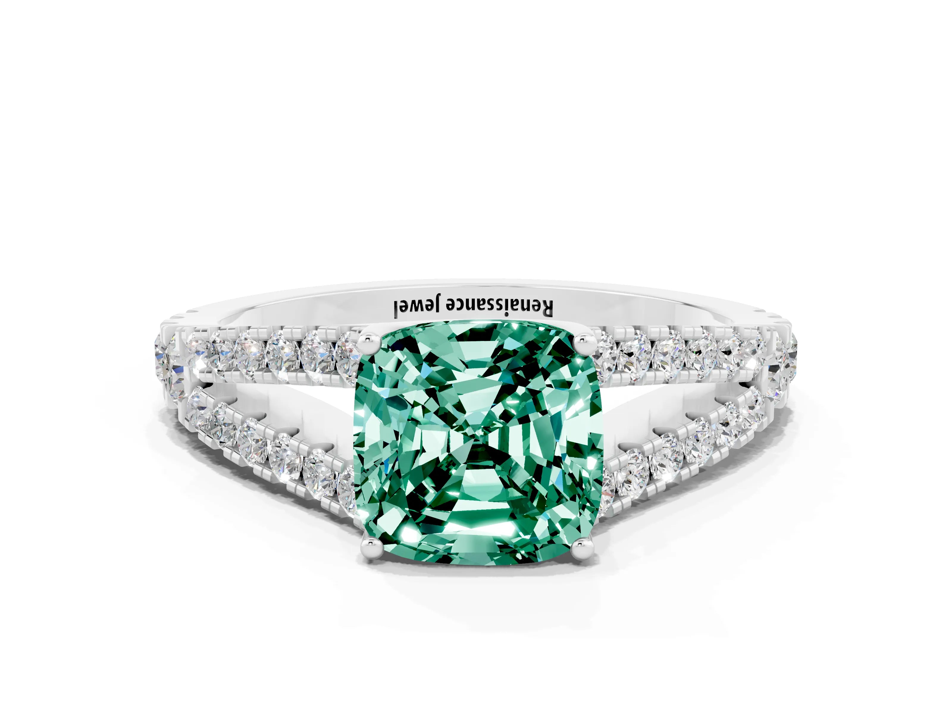 White gold Cushion Cut Green Sapphire Split Shank Pavé Engagement Ring with Four-Prong Setting_12