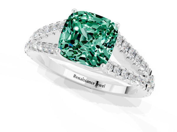 Platinum Cushion Cut Green Sapphire Split Shank Pavé Engagement Ring with Four-Prong Setting