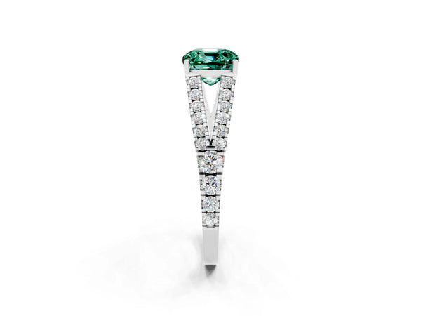 Silver Cushion Cut Green Sapphire Split Shank Pavé Engagement Ring with Four-Prong Setting