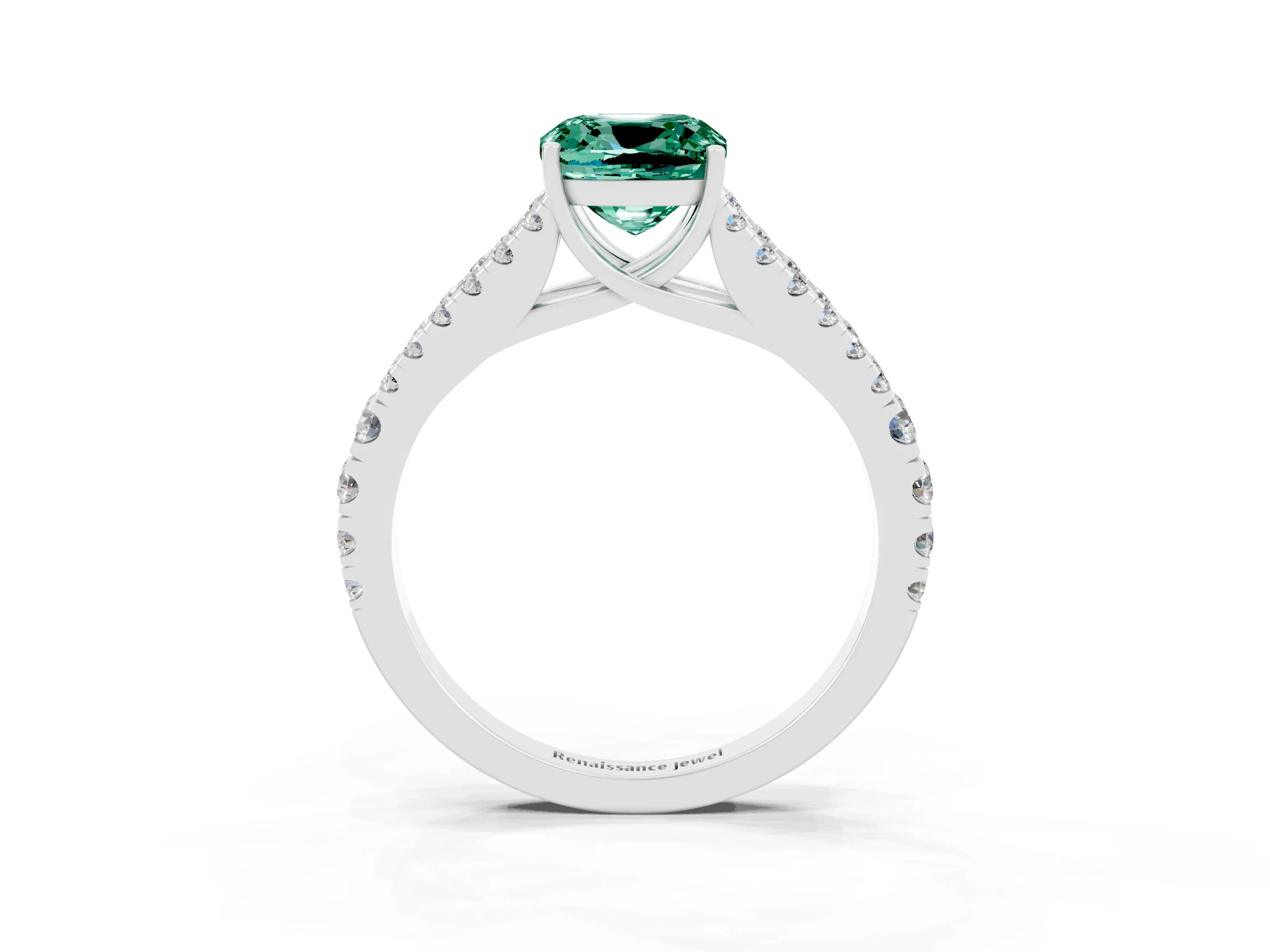 White gold Cushion Cut Green Sapphire Split Shank Pavé Engagement Ring with Four-Prong Setting_15