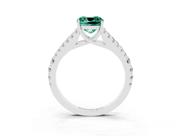Silver Cushion Cut Green Sapphire Split Shank Pavé Engagement Ring with Four-Prong Setting