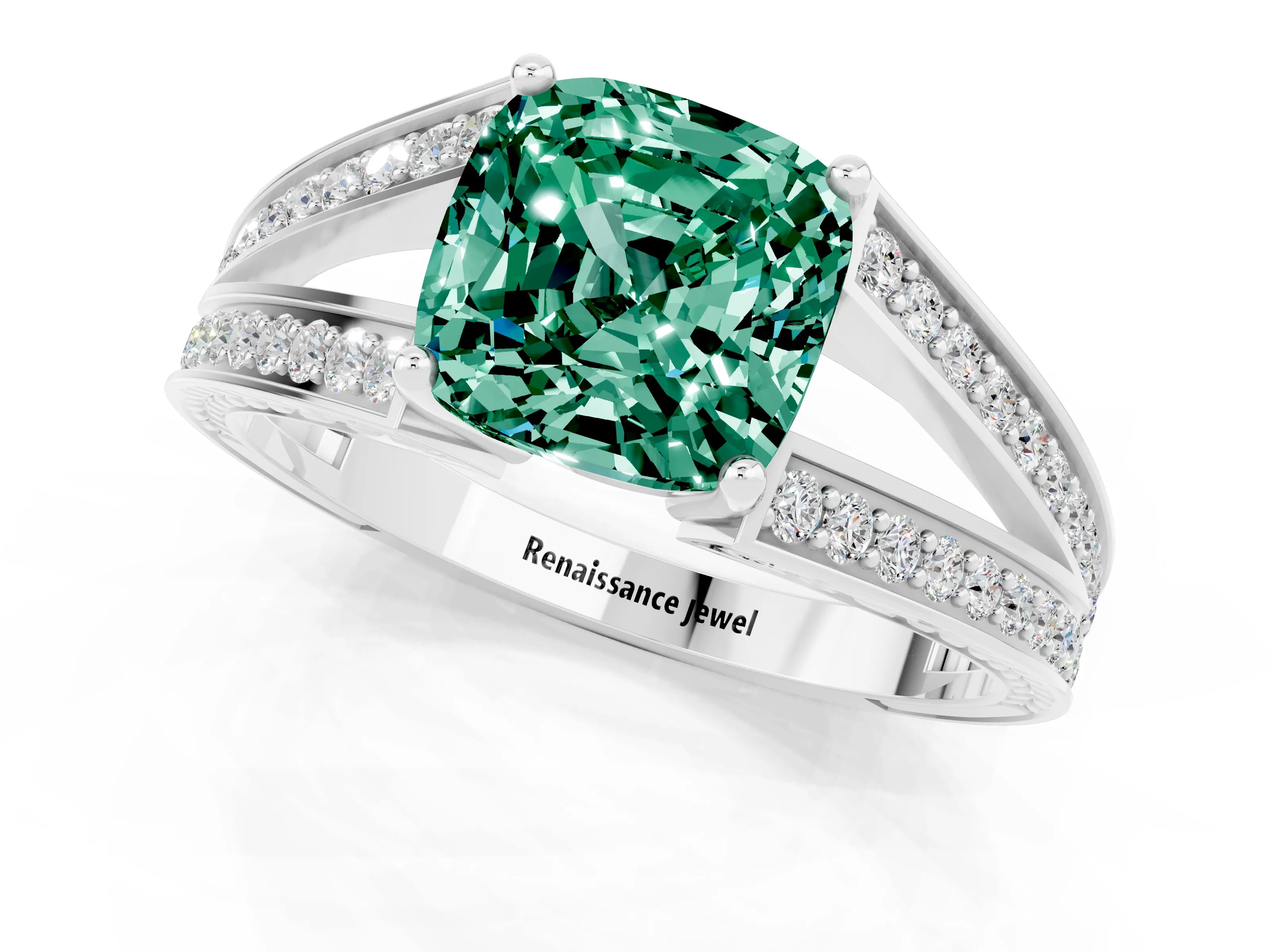 White gold Cushion Cut Green Sapphire Split Shank Ring with Pavé Band and Four-Prong Setting_1