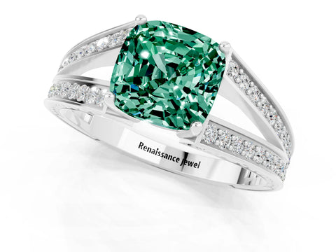 White gold Cushion Cut Green Sapphire Split Shank Ring with Pavé Band and Four-Prong Setting_1