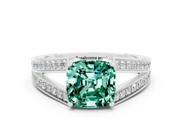 White gold Cushion Cut Green Sapphire Split Shank Ring with Pavé Band and Four-Prong Setting