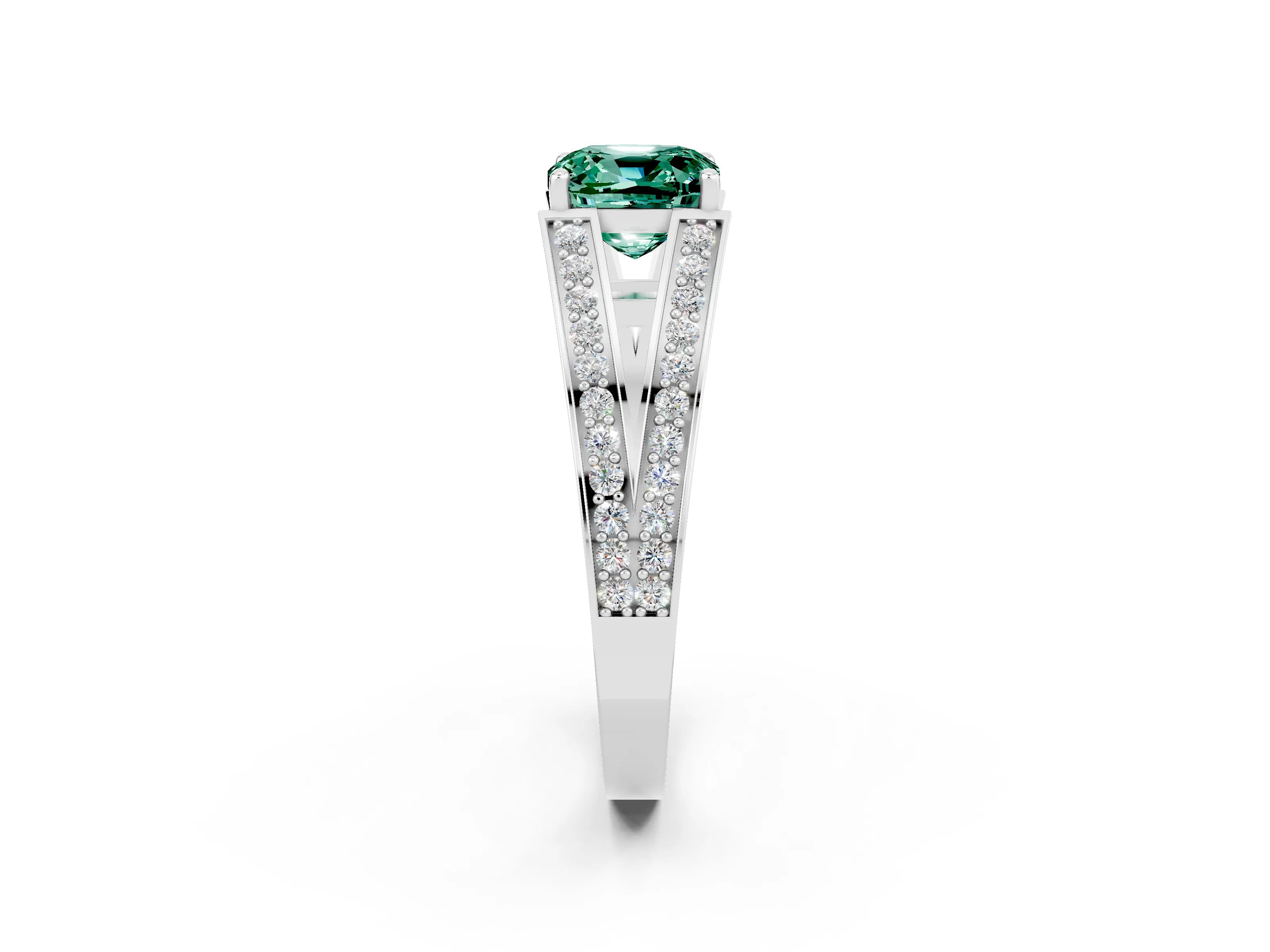 White gold Cushion Cut Green Sapphire Split Shank Ring with Pavé Band and Four-Prong Setting_2