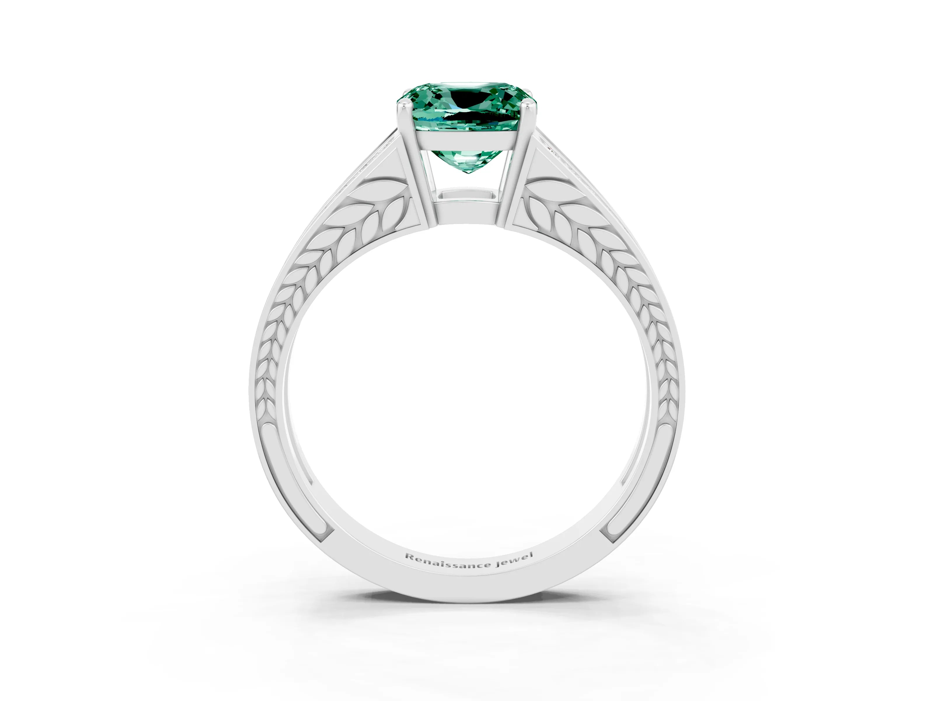 White gold Cushion Cut Green Sapphire Split Shank Ring with Pavé Band and Four-Prong Setting_3