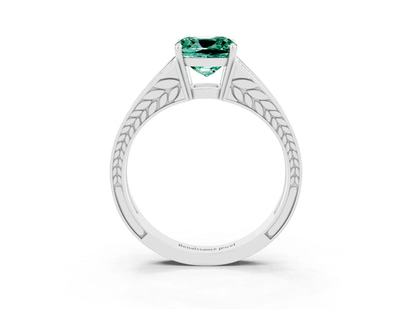 Silver Cushion Cut Green Sapphire Split Shank Ring with Pavé Band and Four-Prong Setting