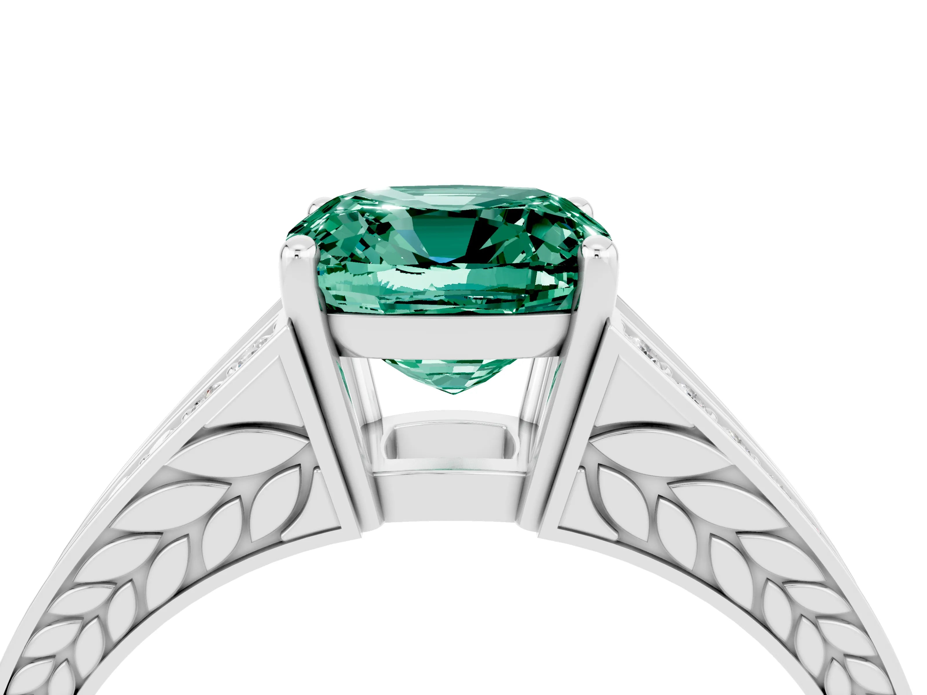 White gold Cushion Cut Green Sapphire Split Shank Ring with Pavé Band and Four-Prong Setting_4