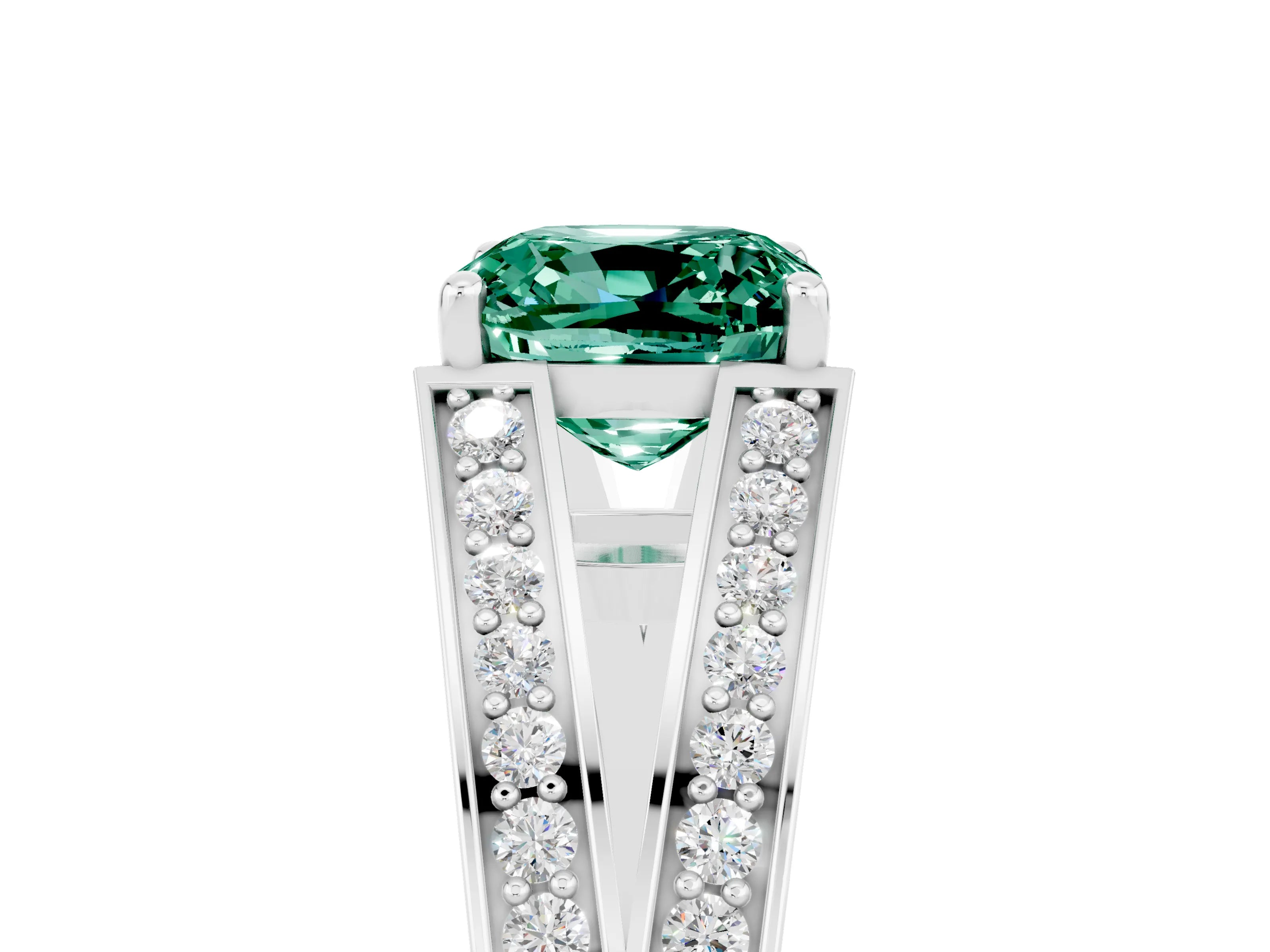 White gold Cushion Cut Green Sapphire Split Shank Ring with Pavé Band and Four-Prong Setting_5