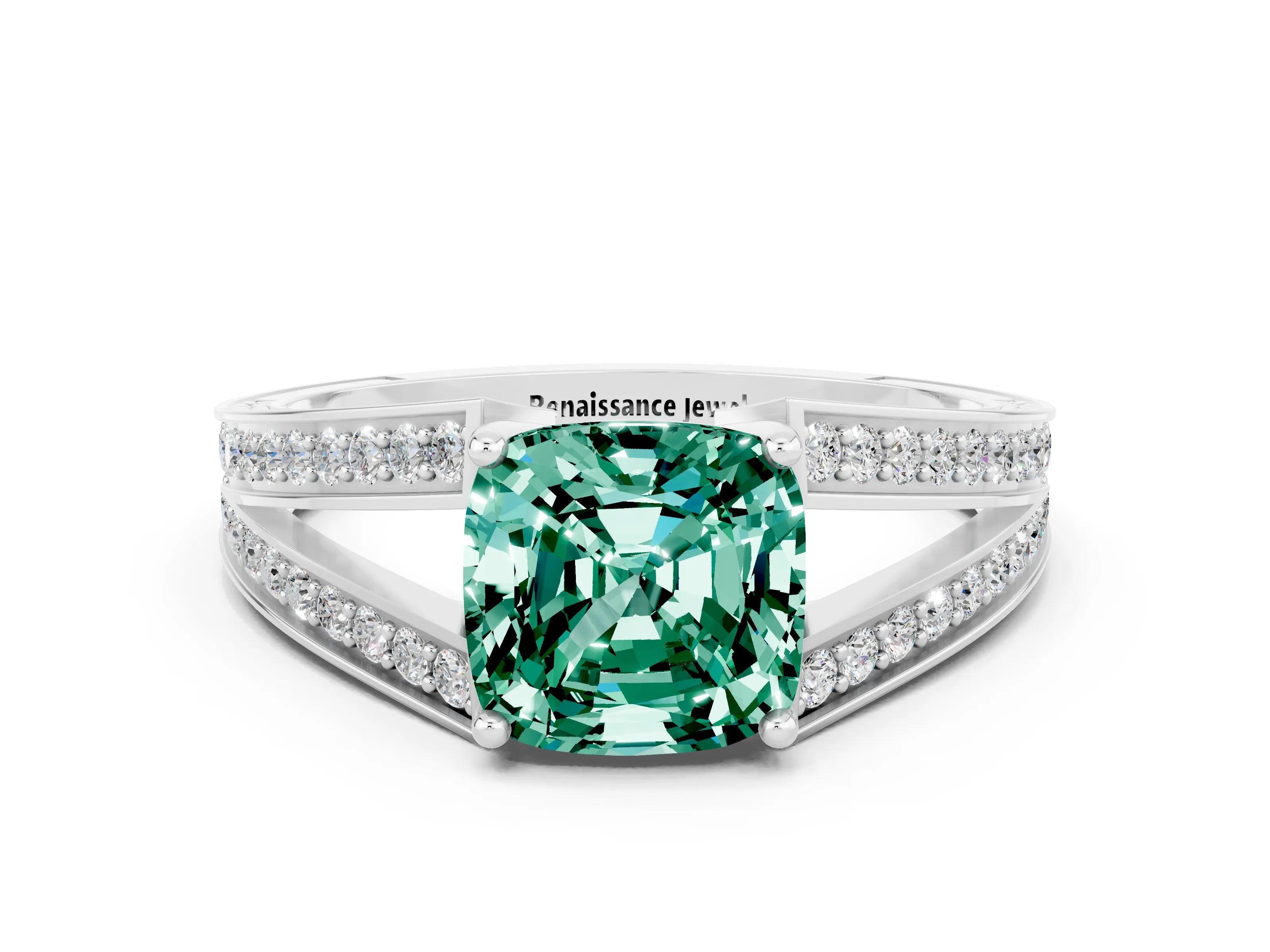 White gold Cushion Cut Green Sapphire Split Shank Ring with Pavé Band and Four-Prong Setting