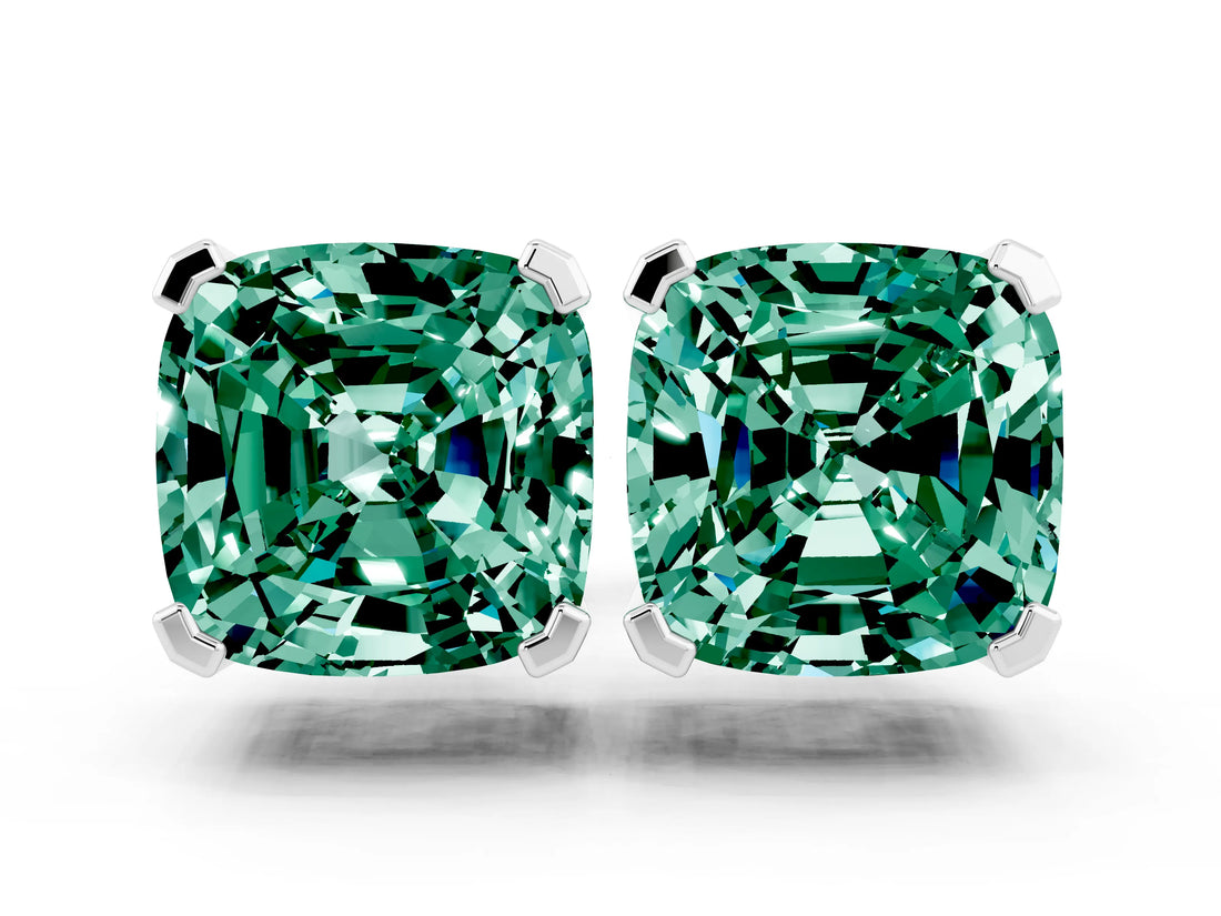 White gold Cushion Cut Green Sapphire Stud Earrings_24