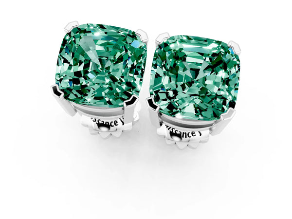 Platinum Cushion Cut Green Sapphire Stud Earrings