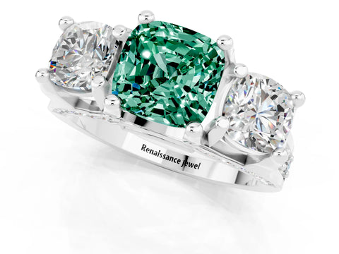 White gold Cushion Cut Green Sapphire Three-Stone Ring with Channel Set Band and Four-Prong Setting_1