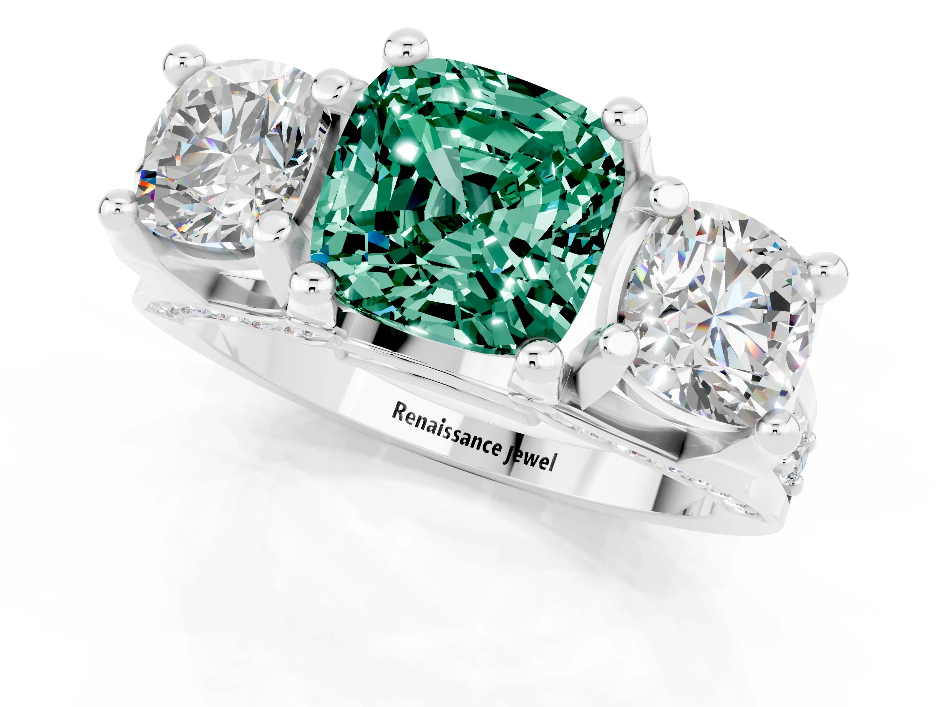 White gold Cushion Cut Green Sapphire Three-Stone Ring with Channel Set Band and Four-Prong Setting_1