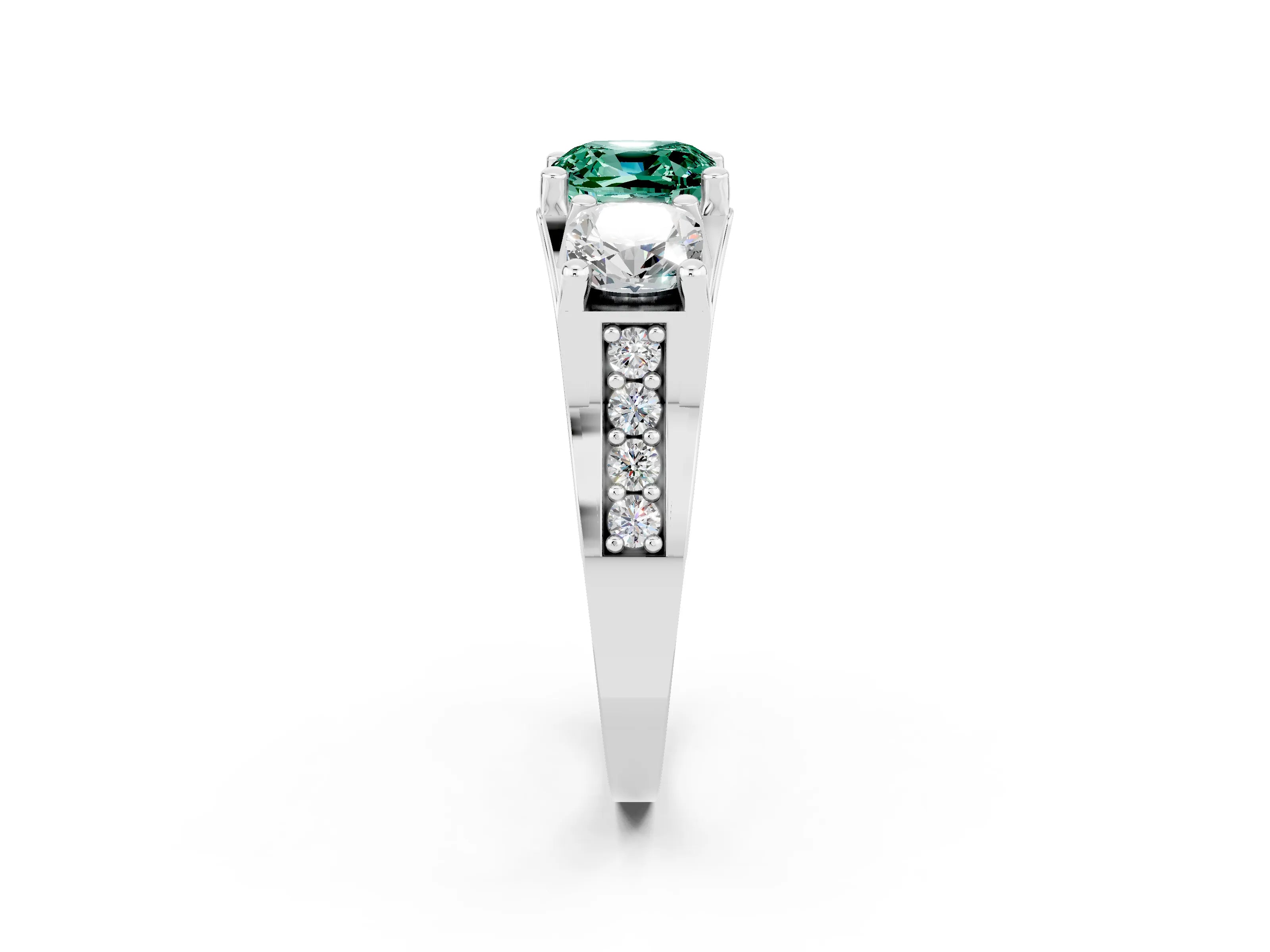 White gold Cushion Cut Green Sapphire Three-Stone Ring with Channel Set Band and Four-Prong Setting_2