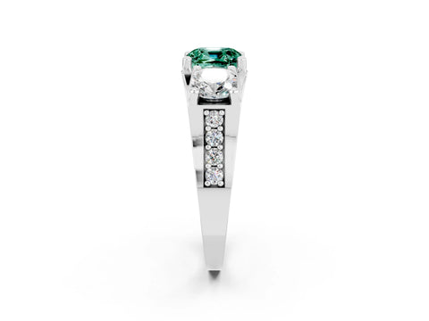 White gold Cushion Cut Green Sapphire Three-Stone Ring with Channel Set Band and Four-Prong Setting_2
