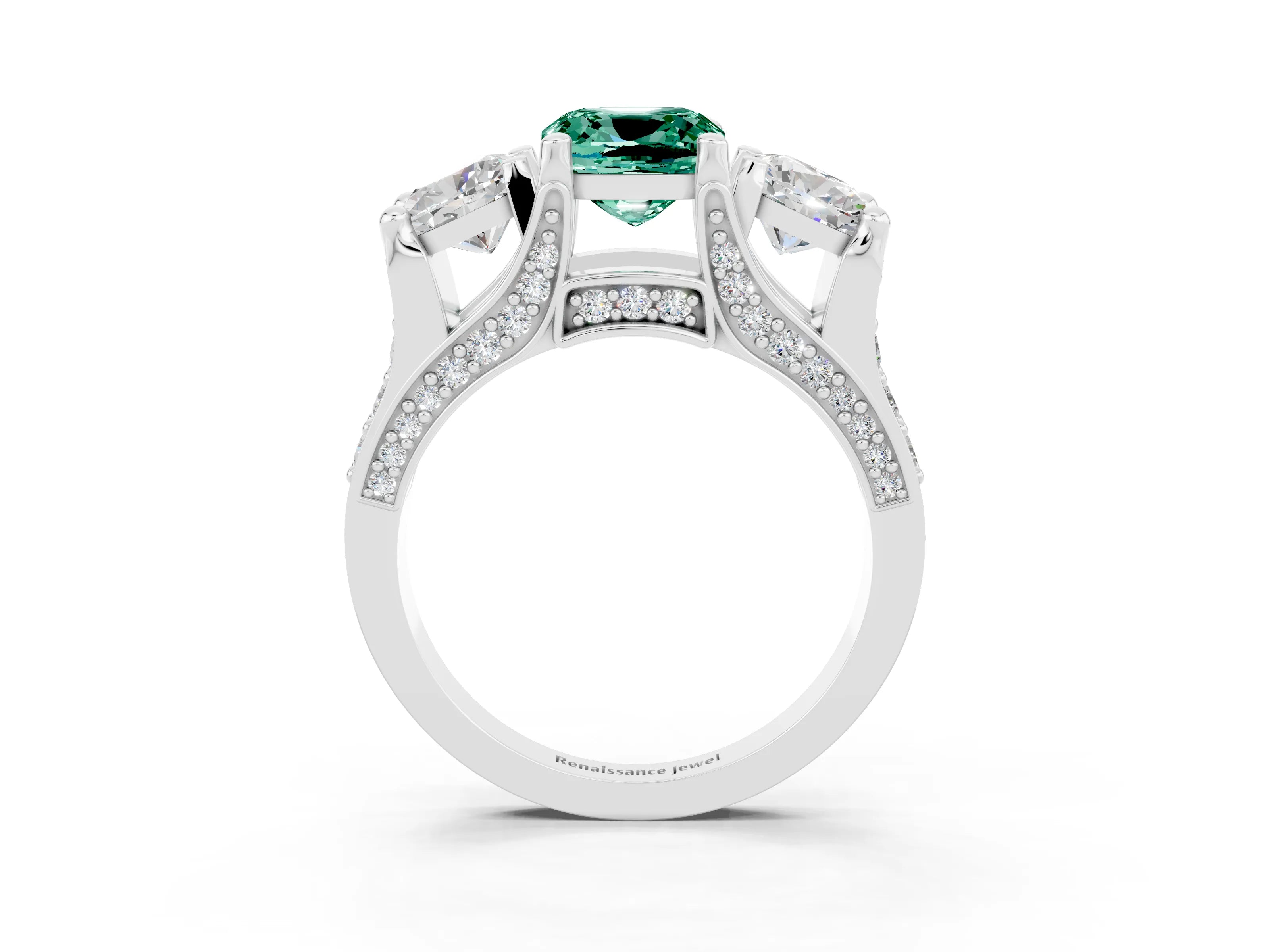 White gold Cushion Cut Green Sapphire Three-Stone Ring with Channel Set Band and Four-Prong Setting_3