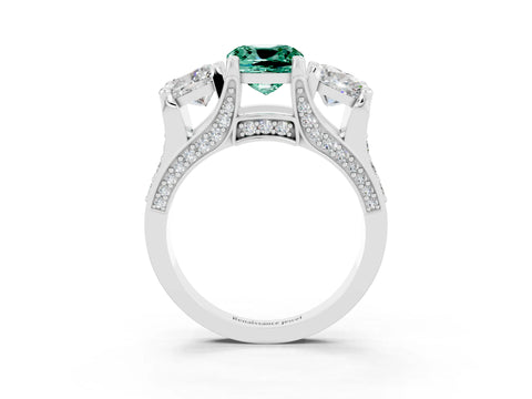 White gold Cushion Cut Green Sapphire Three-Stone Ring with Channel Set Band and Four-Prong Setting_3