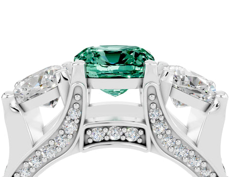 White gold Cushion Cut Green Sapphire Three-Stone Ring with Channel Set Band and Four-Prong Setting_4