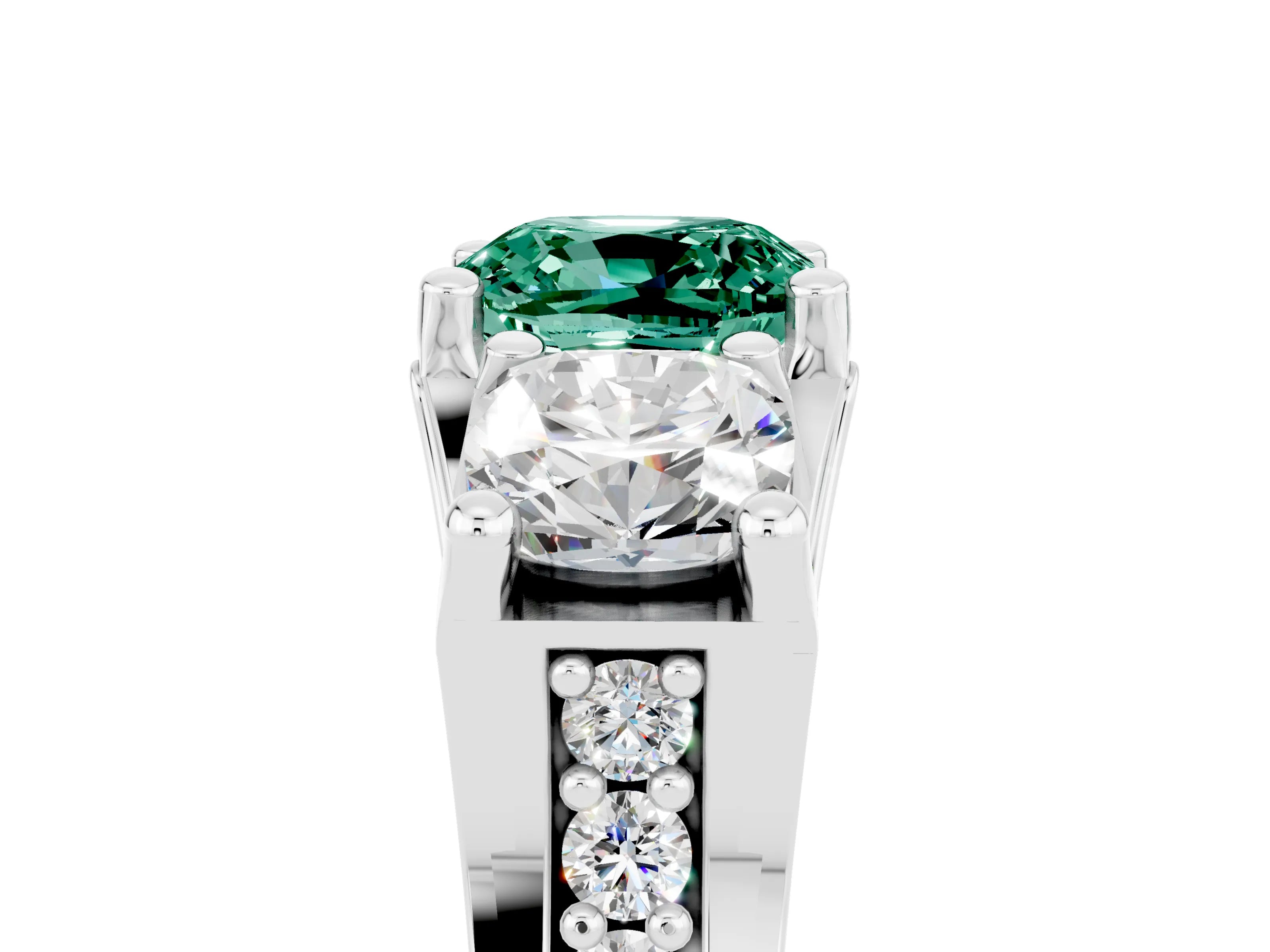 White gold Cushion Cut Green Sapphire Three-Stone Ring with Channel Set Band and Four-Prong Setting_5