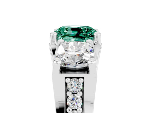 White gold Cushion Cut Green Sapphire Three-Stone Ring with Channel Set Band and Four-Prong Setting_5