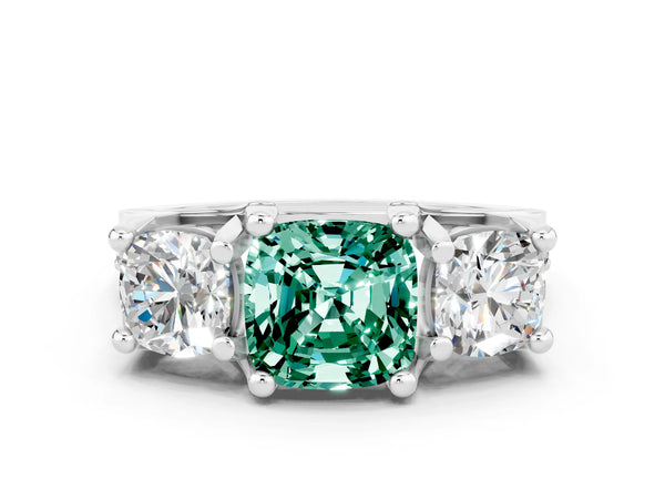 Silver Cushion Cut Green Sapphire Three-Stone Ring with Channel Set Band and Four-Prong Setting