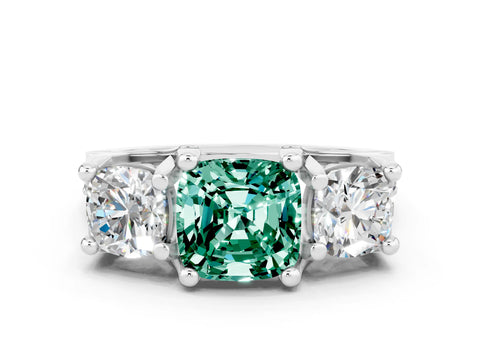 White gold Cushion Cut Green Sapphire Three-Stone Ring with Channel Set Band and Four-Prong Setting