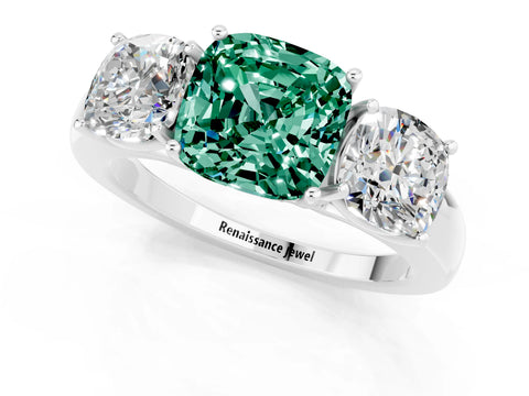 White gold Cushion Cut Green Sapphire Three-Stone Ring with Four-Prong Setting and Classic Band_1