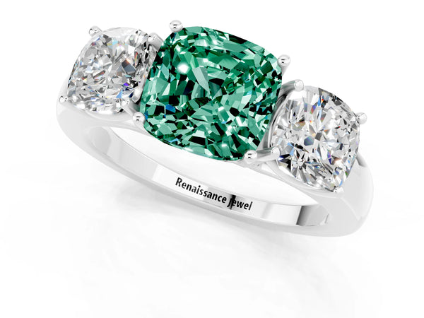10K White Gold Green Sapphire Three-Stone Ring with Four-Prong Setting and Classic Band