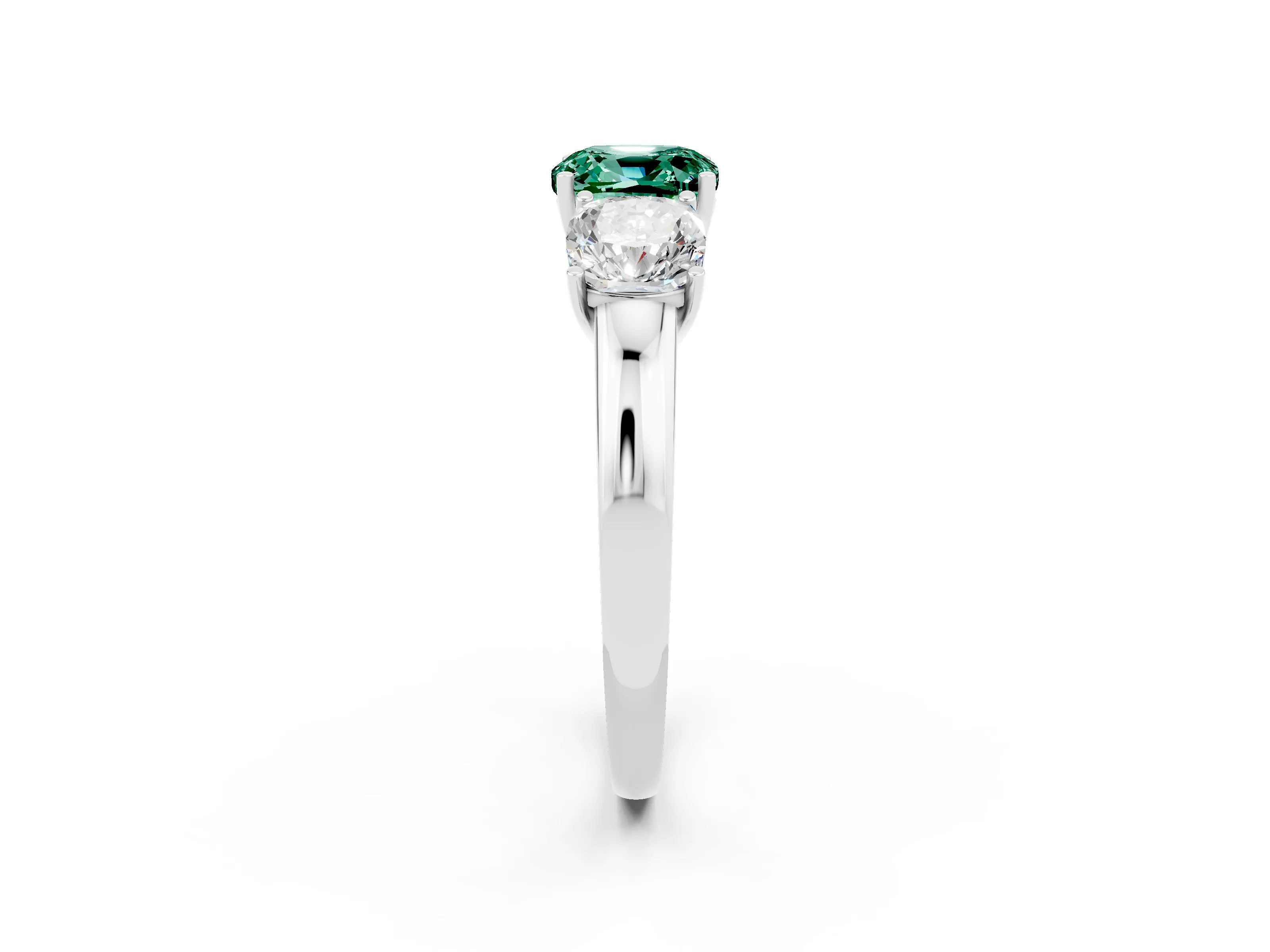 White gold Cushion Cut Green Sapphire Three-Stone Ring with Four-Prong Setting and Classic Band_2