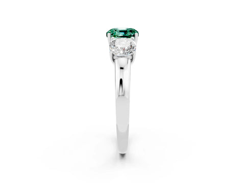 White gold Cushion Cut Green Sapphire Three-Stone Ring with Four-Prong Setting and Classic Band_2